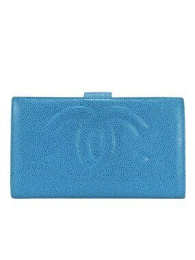 Chanel Bifold Wallet CC Logo Clasp Caviar Leather Blue Gold